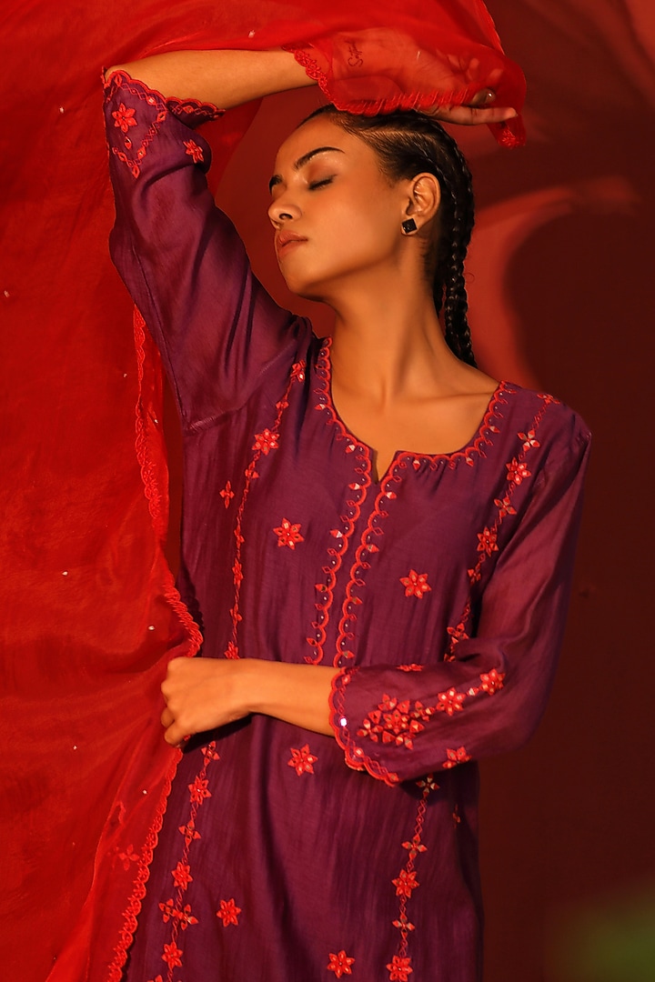 Purple Mul Chanderi Hand Embroidered A-Line Kurta Set by Shetab Kazmi at Pernia's Pop Up Shop