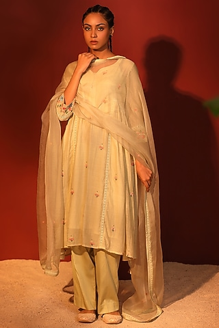 Mint Green Mul Chanderi Hand Embroidered Tunic Set by Shetab Kazmi