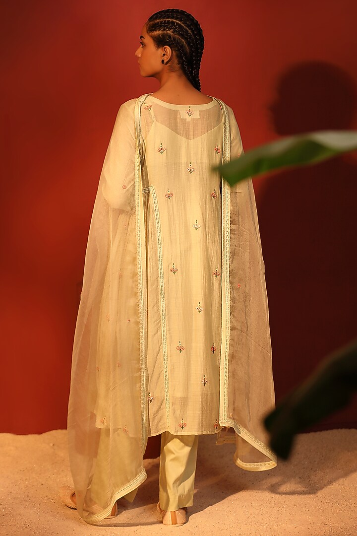 Mint Green Mul Chanderi Hand Embroidered Tunic Set by Shetab Kazmi at Pernia's Pop Up Shop