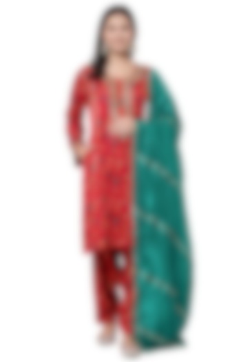 Red Embroidered & Printed Kurta Set by Shetab Kazmi at Pernia's Pop Up Shop