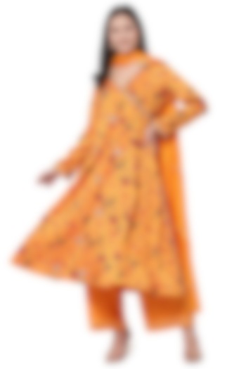 Orange Hand Embroidered Angrakha Kurta Set by Shetab Kazmi