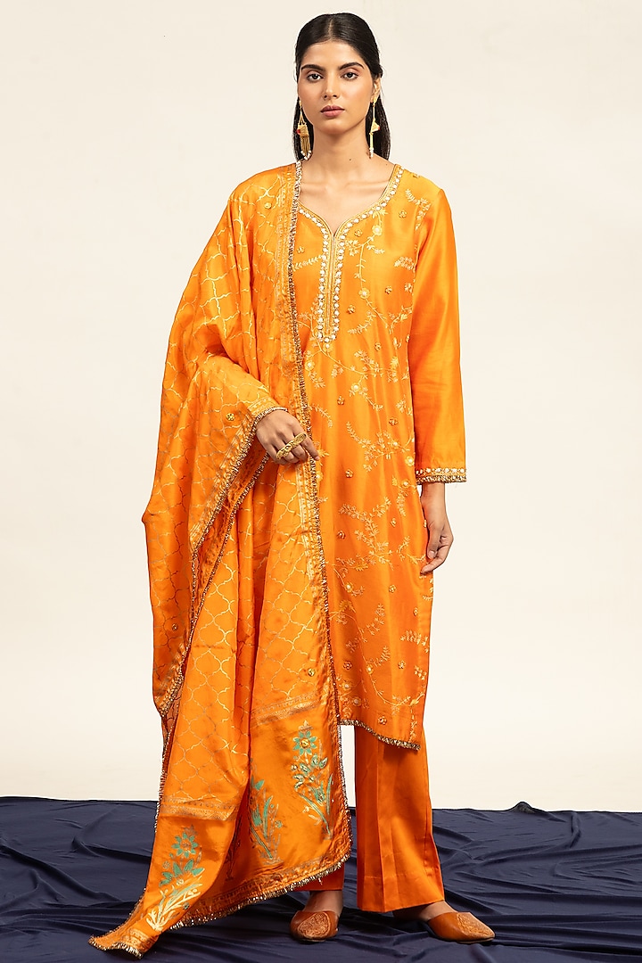 Orange Pure Chanderi Machine & Hand Embroidered Kurta Set by Shetab Kazmi