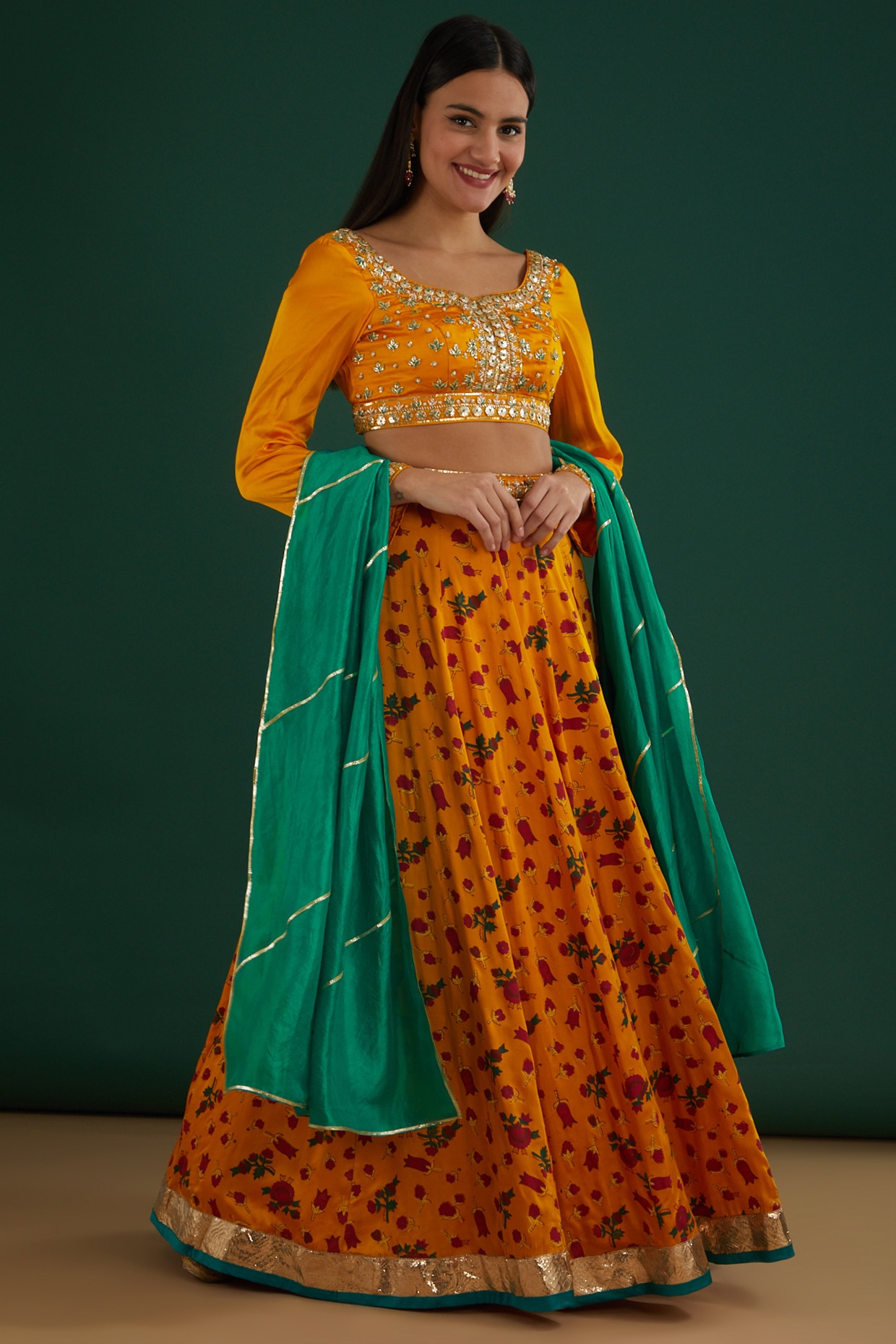 Buy Green Raw Silk Printed Floral V Neck Blouse Bridal Lehenga Set For  Women by Sandhya Shah Online at Aza Fashions.