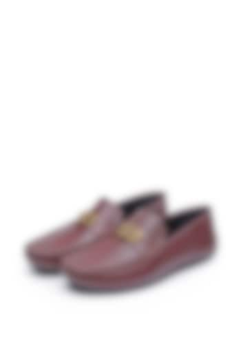 Burgundy Leather Embellished Loafers by SHUTIQ