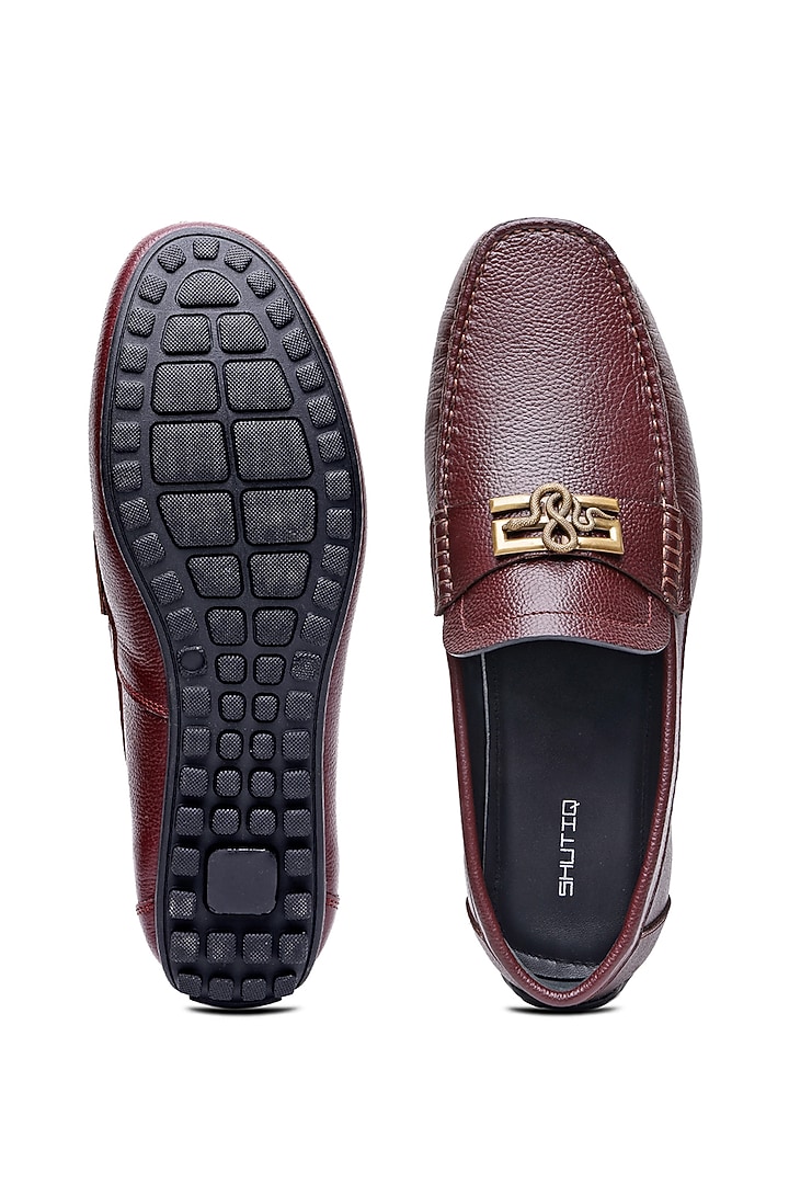 Burgundy Leather Embellished Loafers by SHUTIQ at Pernia's Pop Up Shop