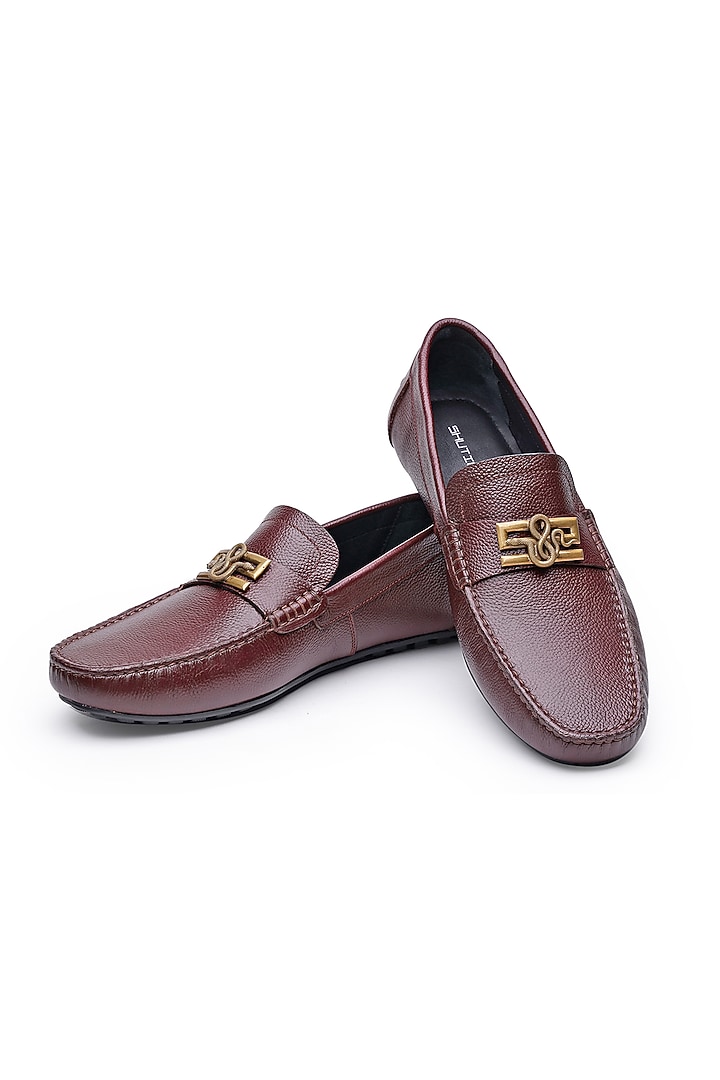 Burgundy Leather Embellished Loafers by SHUTIQ at Pernia's Pop Up Shop