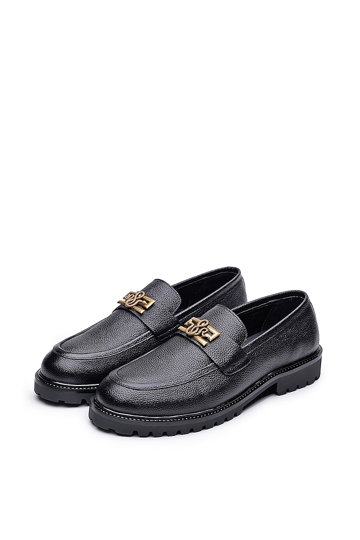 Black Leather Embellished Loafers by SHUTIQ at Pernia's Pop Up Shop