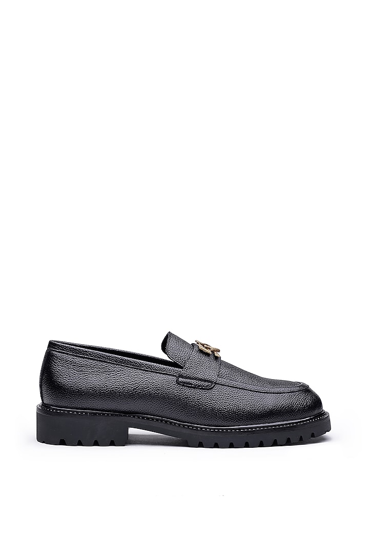 Black Leather Embellished Loafers by SHUTIQ at Pernia's Pop Up Shop