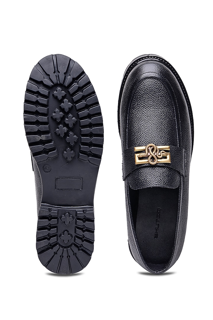 Black Leather Embellished Loafers by SHUTIQ at Pernia's Pop Up Shop