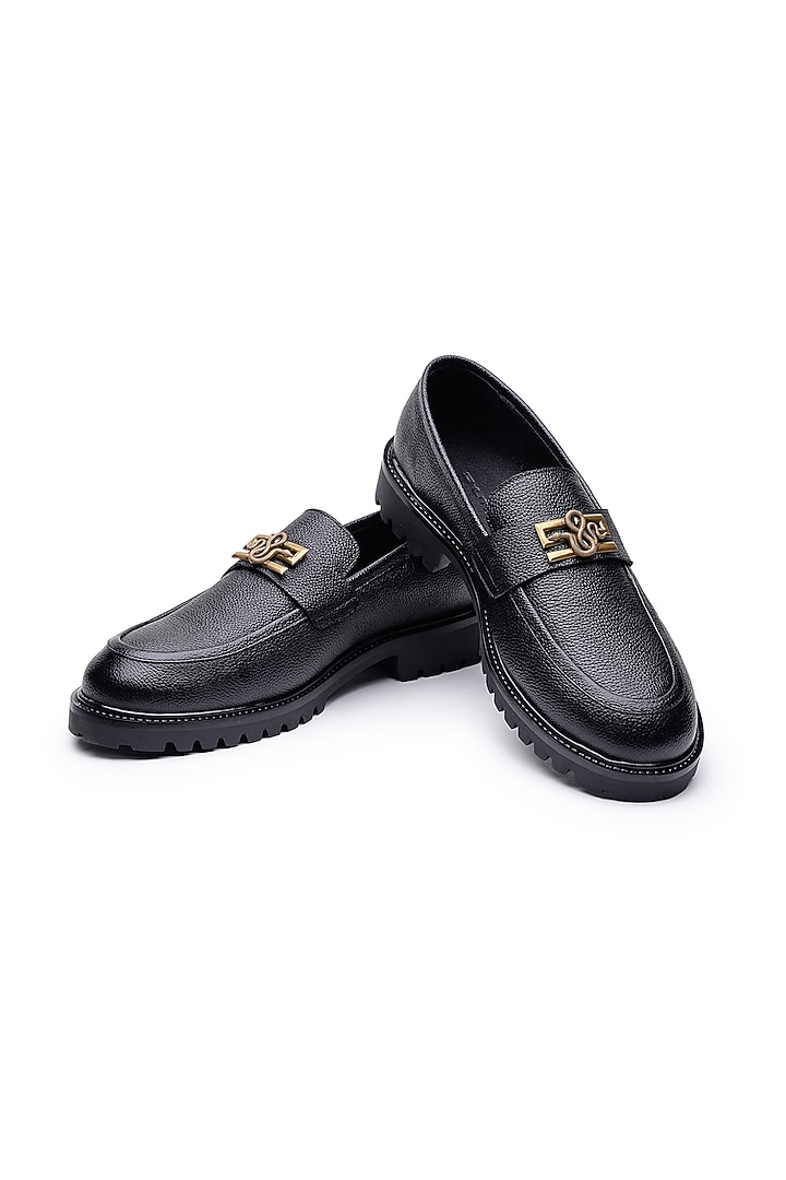 Black Leather Embellished Loafers by SHUTIQ at Pernia's Pop Up Shop