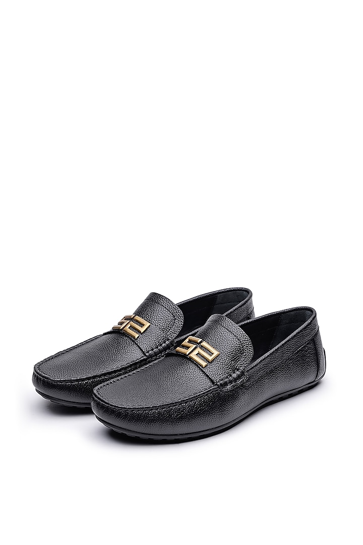 Black Leather Metal Embellished Loafers by SHUTIQ