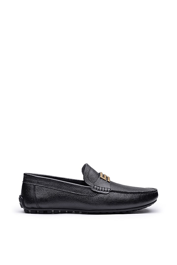 Black Leather Metal Embellished Loafers by SHUTIQ at Pernia's Pop Up Shop