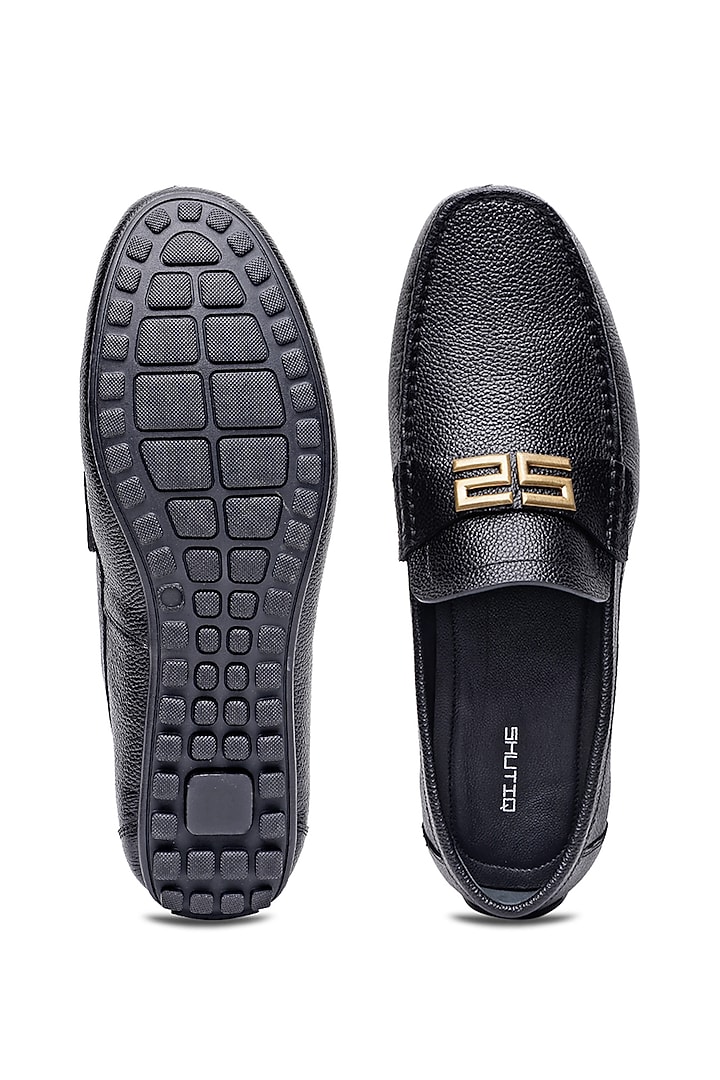 Black Leather Metal Embellished Loafers by SHUTIQ at Pernia's Pop Up Shop
