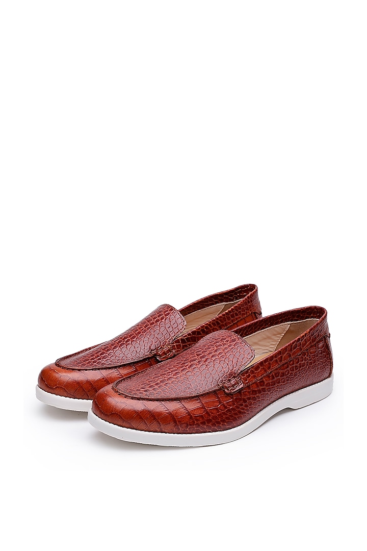 Tan Croco Leather Slip-On Loafers by SHUTIQ