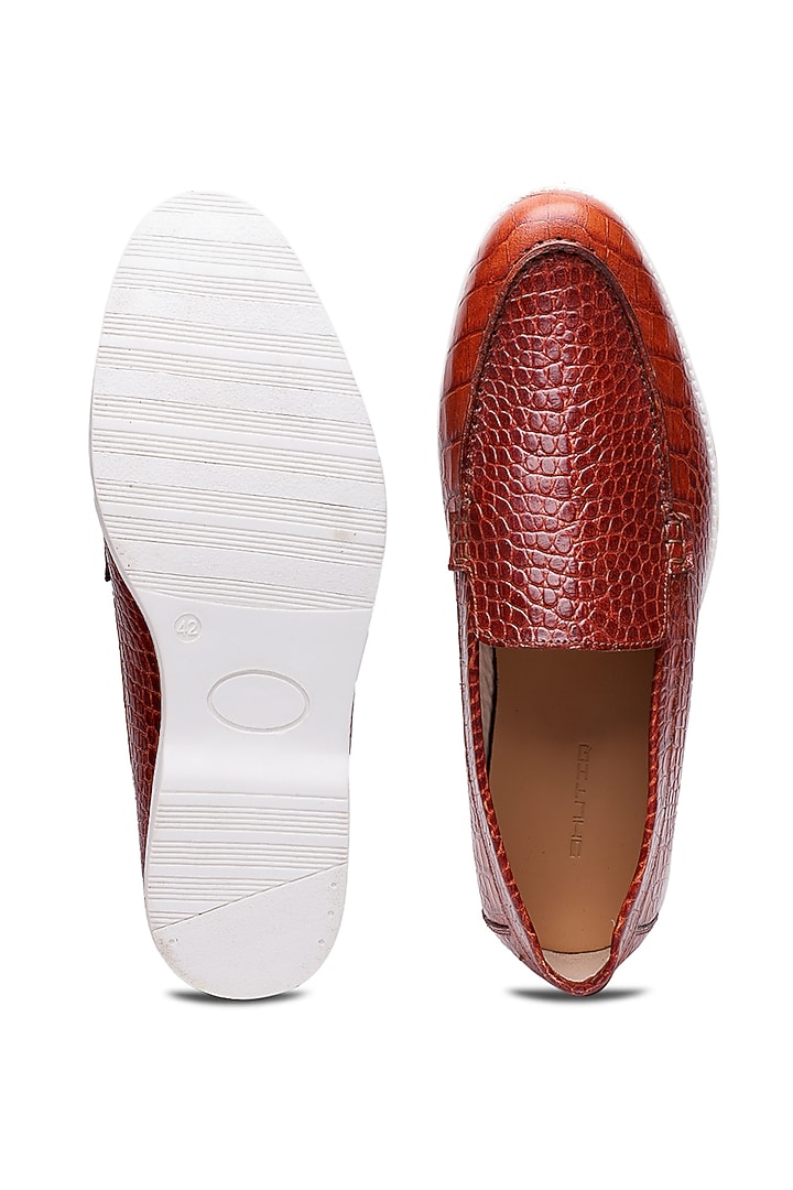 Tan Croco Leather Slip-On Loafers by SHUTIQ at Pernia's Pop Up Shop