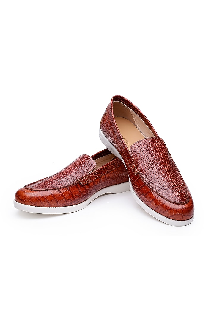 Tan Croco Leather Slip-On Loafers by SHUTIQ at Pernia's Pop Up Shop