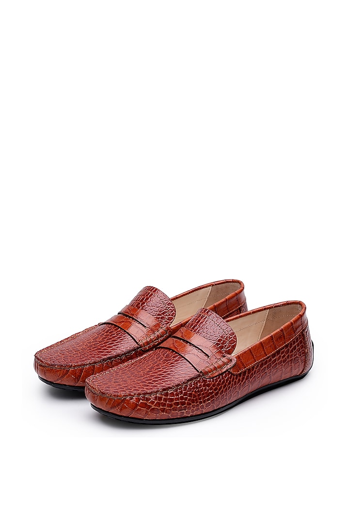 Tan Croco Leather Slip-On Loafers by SHUTIQ