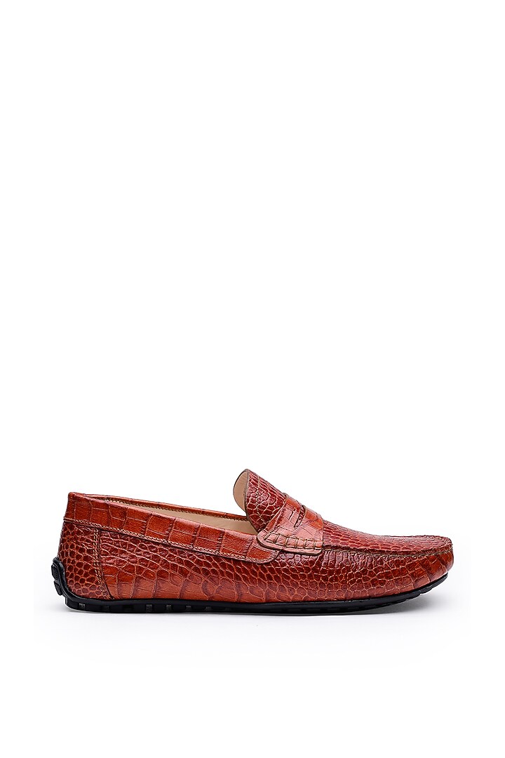 Tan Croco Leather Slip-On Loafers by SHUTIQ at Pernia's Pop Up Shop
