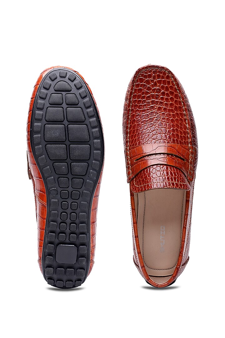 Tan Croco Leather Slip-On Loafers by SHUTIQ at Pernia's Pop Up Shop