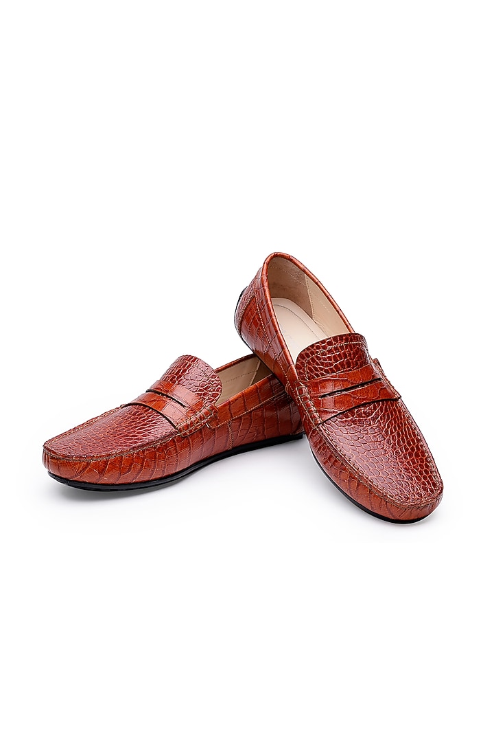 Tan Croco Leather Slip-On Loafers by SHUTIQ at Pernia's Pop Up Shop