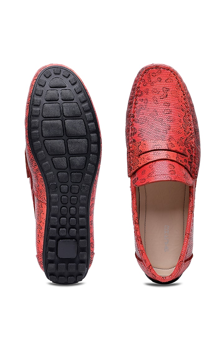 Red Leather Embossed Printed Slip-On Loafers by SHUTIQ at Pernia's Pop Up Shop
