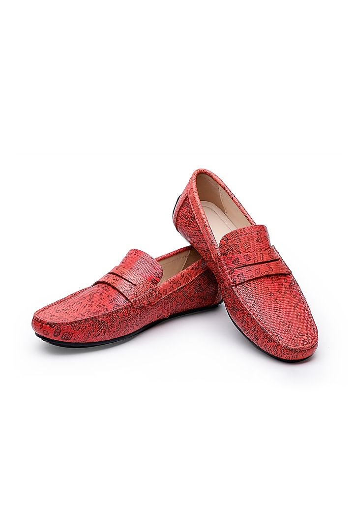 Red Leather Embossed Printed Slip-On Loafers by SHUTIQ at Pernia's Pop Up Shop