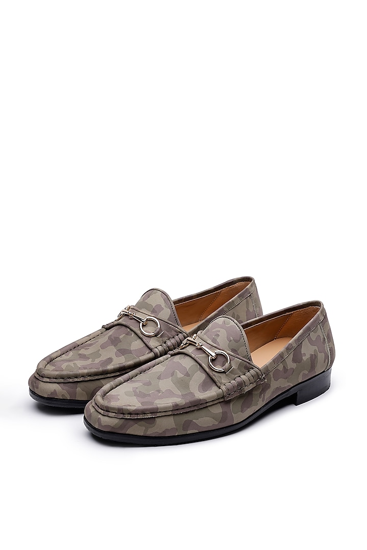 Green Camouflage Fabric Slip-On Loafers by SHUTIQ