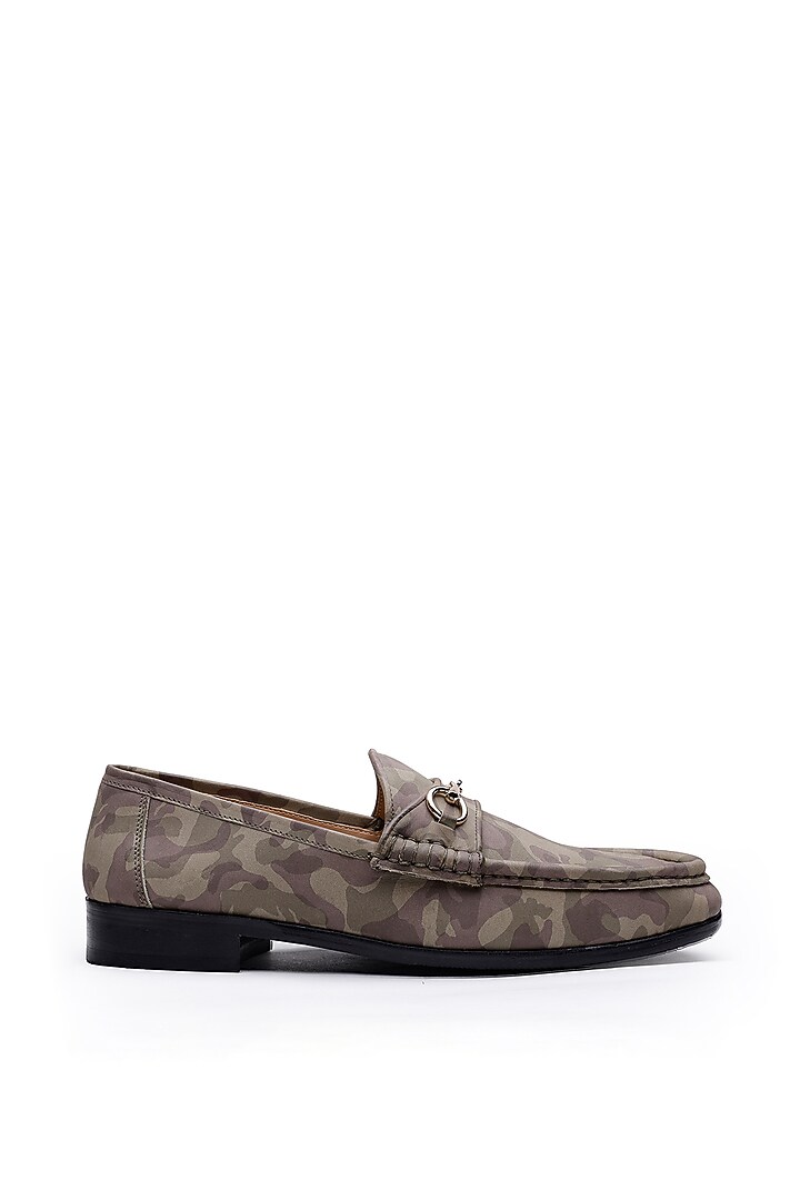 Green Camouflage Fabric Slip-On Loafers by SHUTIQ at Pernia's Pop Up Shop