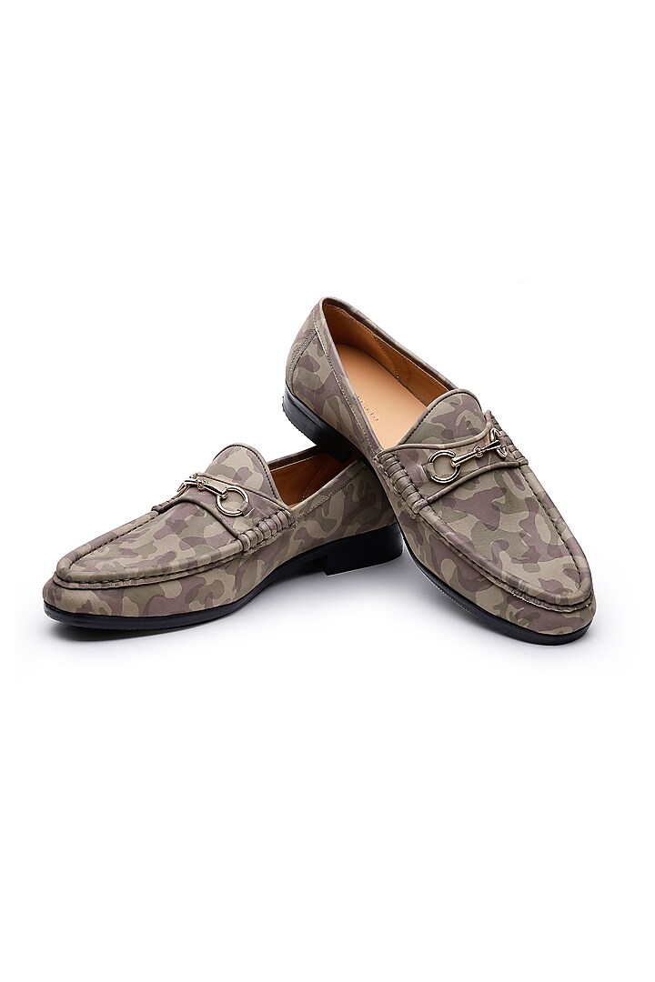 Green Camouflage Fabric Slip-On Loafers by SHUTIQ at Pernia's Pop Up Shop