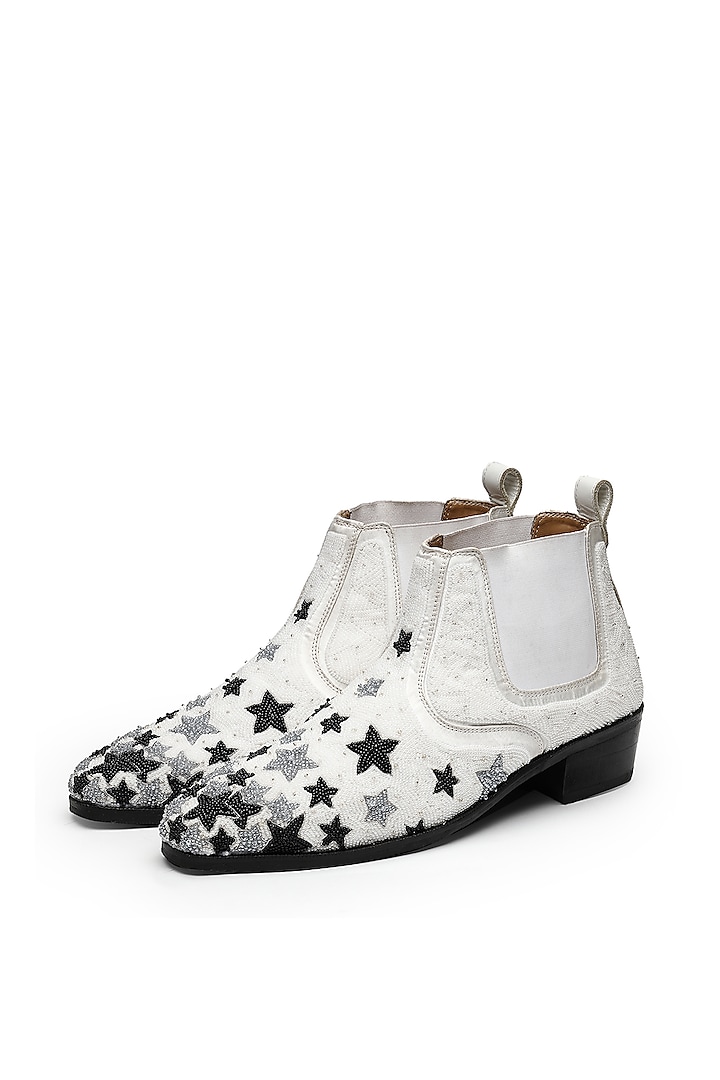 White Luxury Suede Leather Hand Embroidered Ankle Boots by SHUTIQ