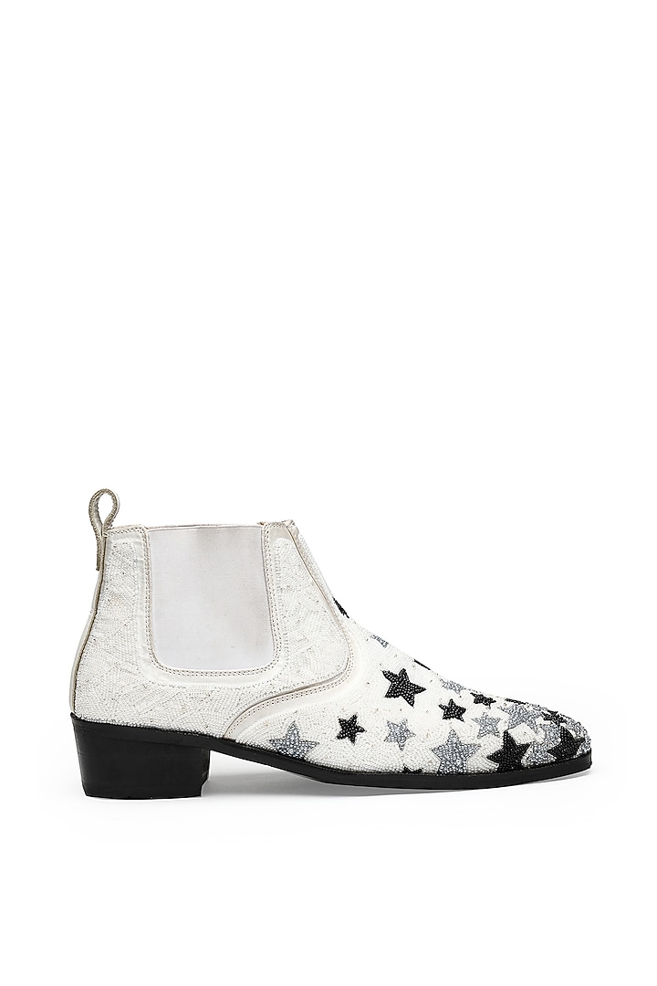 White Luxury Suede Leather Hand Embroidered Ankle Boots by SHUTIQ at Pernia's Pop Up Shop