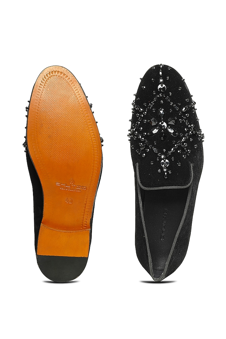 Black Velvet Crystal Studded Slip-On by SHUTIQ at Pernia's Pop Up Shop