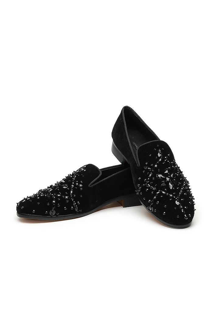 Black Velvet Crystal Studded Slip-On by SHUTIQ at Pernia's Pop Up Shop