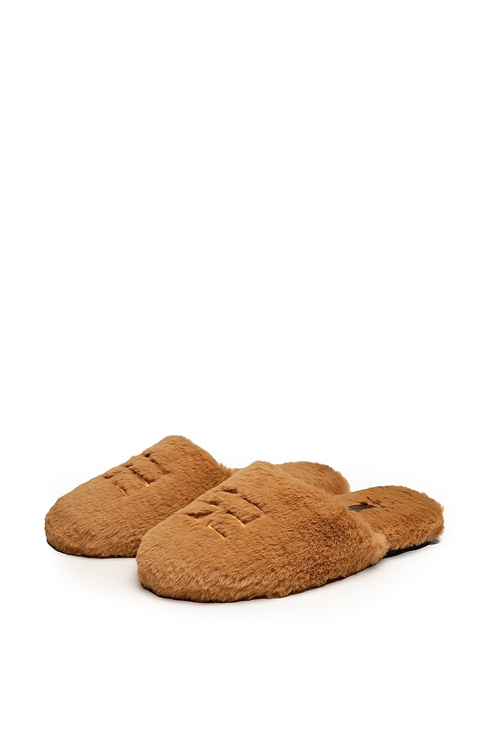 Tan Faux Fur Mules by SHUTIQ