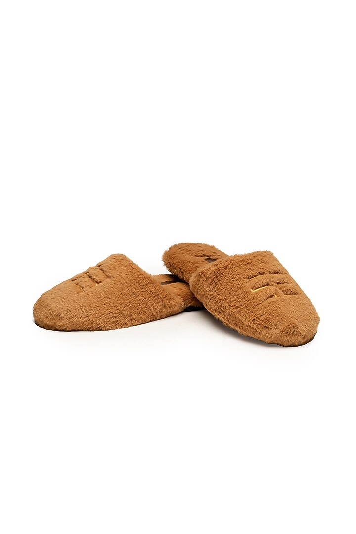 Tan Faux Fur Mules by SHUTIQ at Pernia's Pop Up Shop