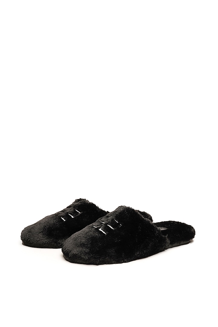 Black Faux Fur Mules by SHUTIQ