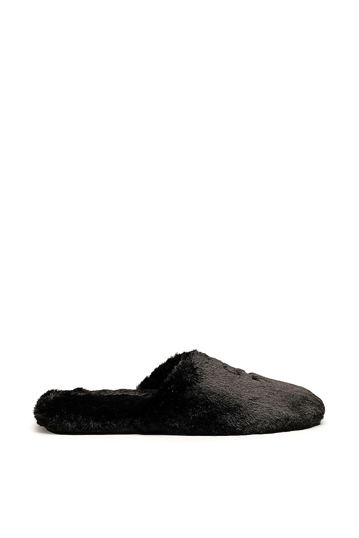 Black Faux Fur Mules by SHUTIQ at Pernia's Pop Up Shop