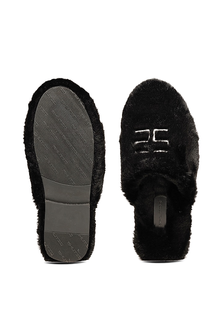 Black Faux Fur Mules by SHUTIQ at Pernia's Pop Up Shop