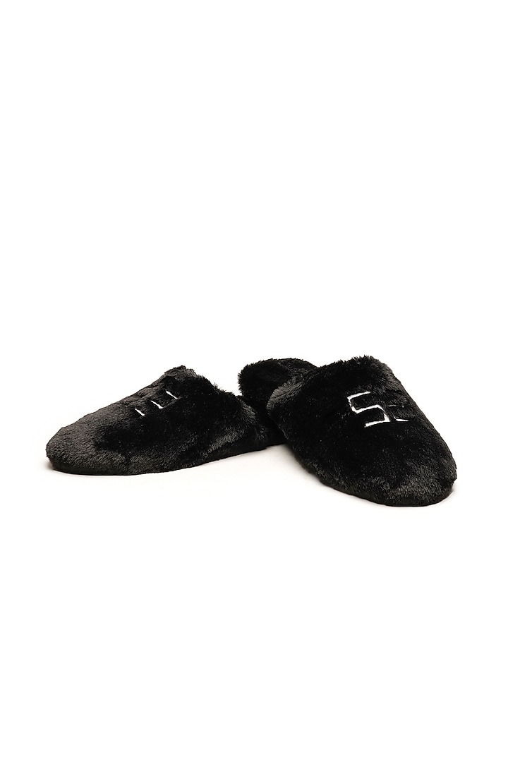 Black Faux Fur Mules by SHUTIQ at Pernia's Pop Up Shop