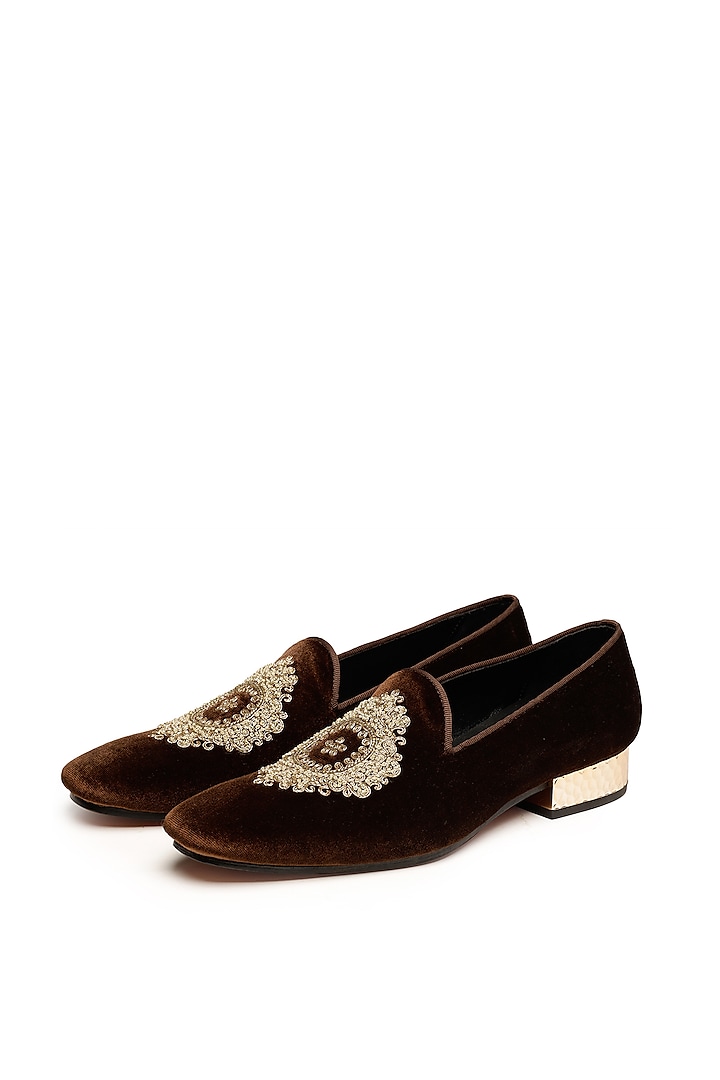 Brown Velvet Zardosi Embroidered Slip-Ons by SHUTIQ