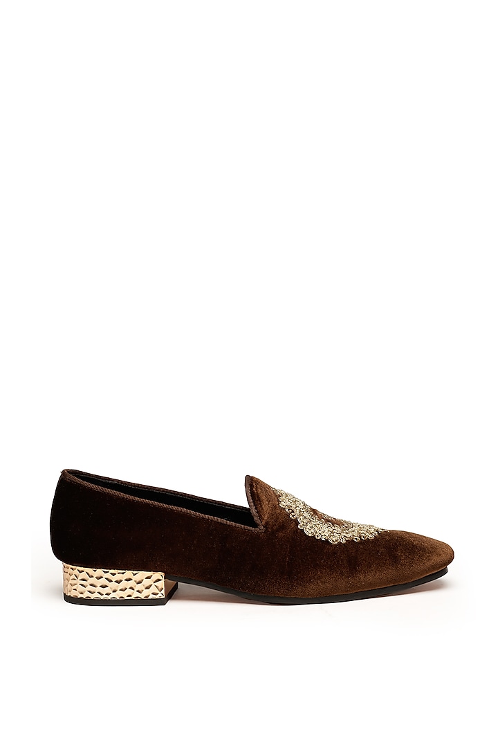 Brown Velvet Zardosi Embroidered Slip-Ons by SHUTIQ at Pernia's Pop Up Shop