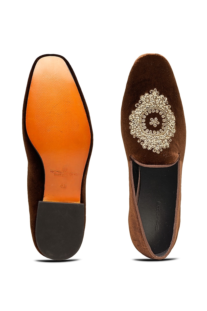 Brown Velvet Zardosi Embroidered Slip-Ons by SHUTIQ at Pernia's Pop Up Shop