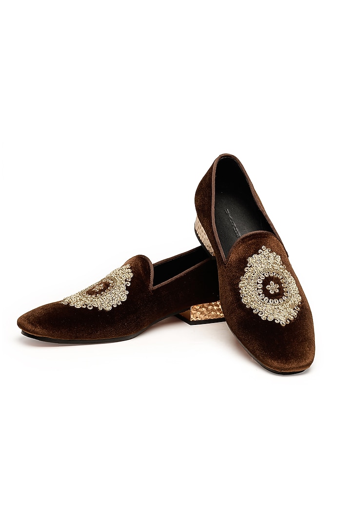 Brown Velvet Zardosi Embroidered Slip-Ons by SHUTIQ at Pernia's Pop Up Shop