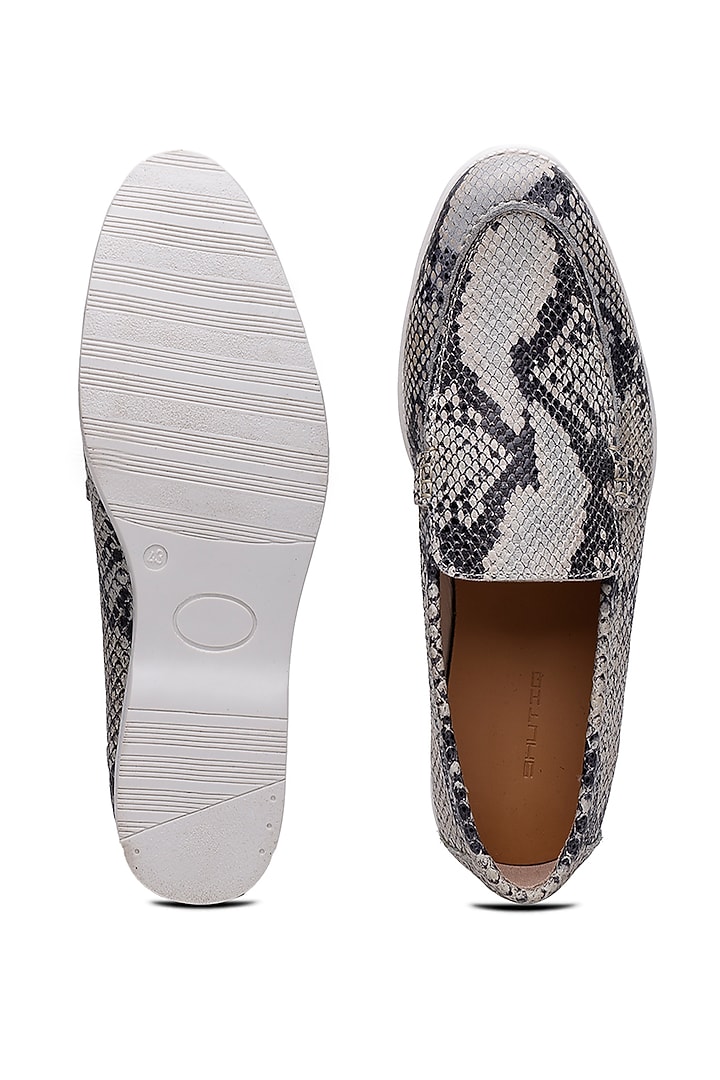 Black & Grey Leather Embossed Printed Slip-On Loafers by SHUTIQ at Pernia's Pop Up Shop