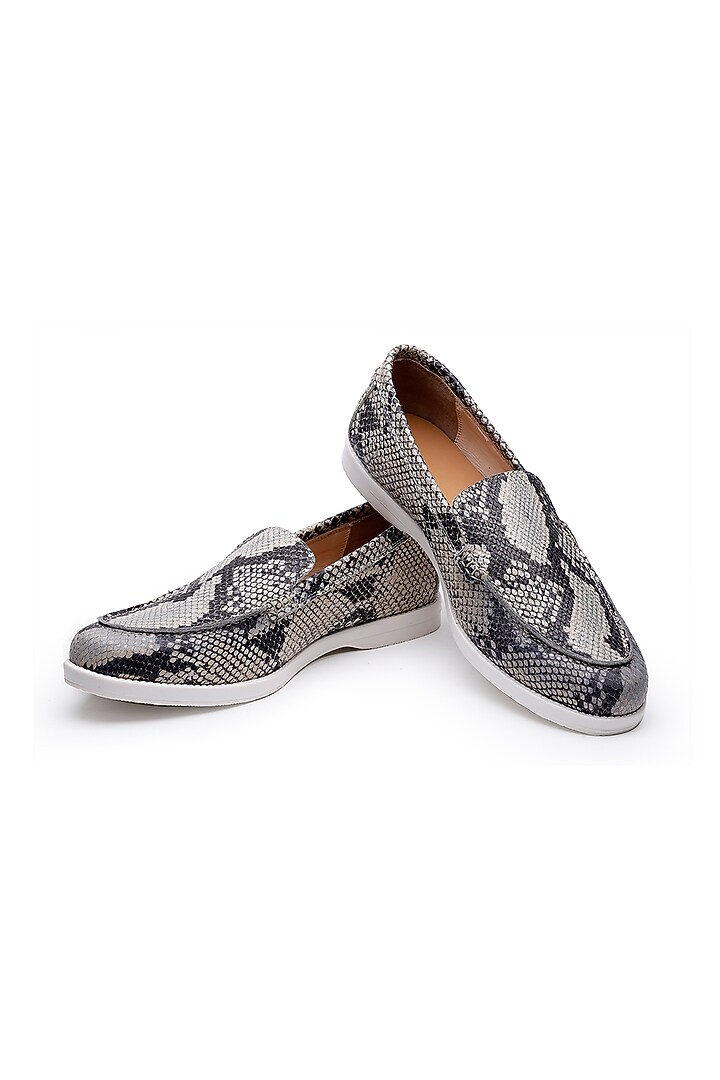Black & Grey Leather Embossed Printed Slip-On Loafers by SHUTIQ at Pernia's Pop Up Shop