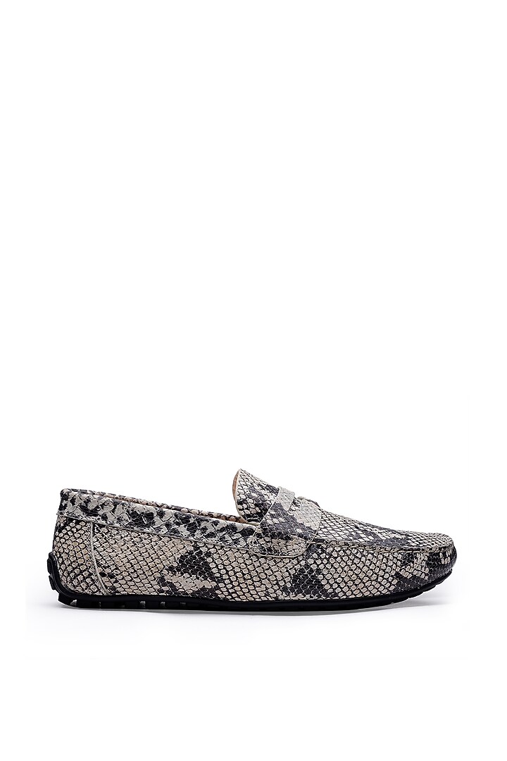 Black & Grey Leather Embossed Slip-On Loafers by SHUTIQ at Pernia's Pop Up Shop