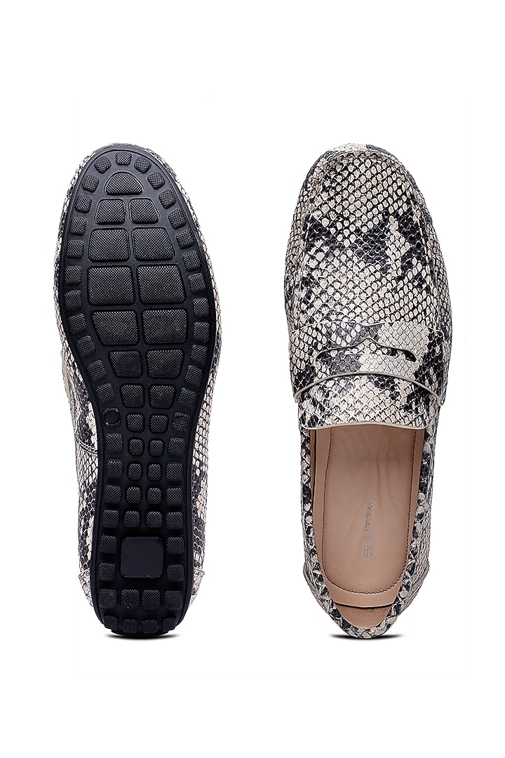Black & Grey Leather Embossed Slip-On Loafers by SHUTIQ at Pernia's Pop Up Shop