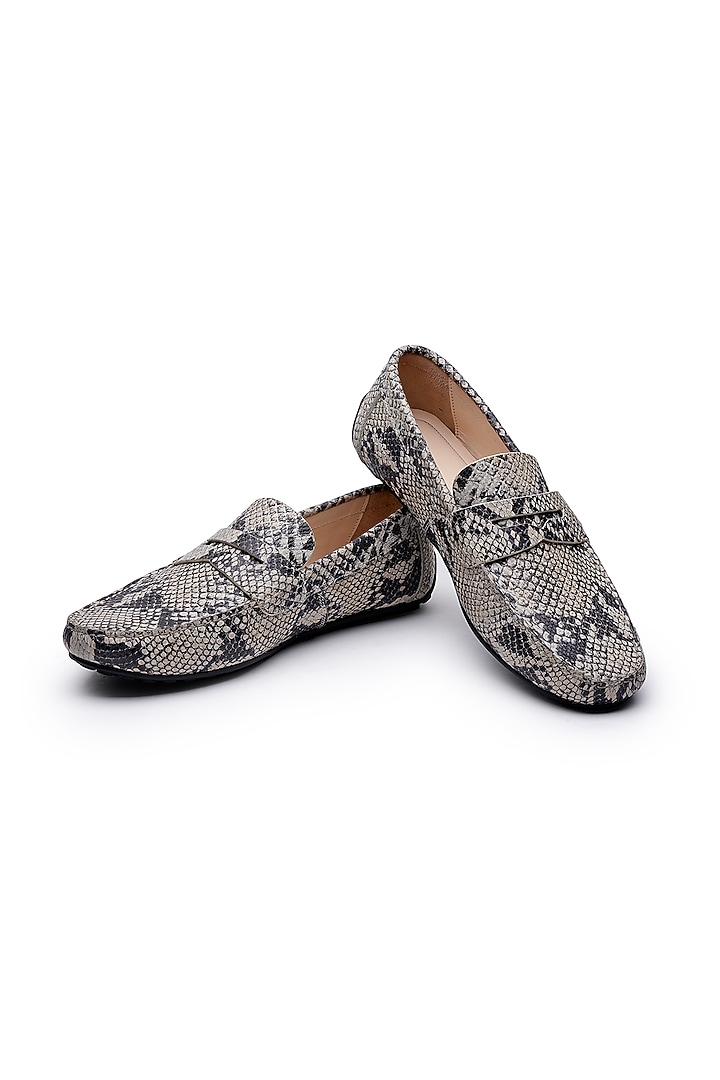 Black & Grey Leather Embossed Slip-On Loafers by SHUTIQ at Pernia's Pop Up Shop