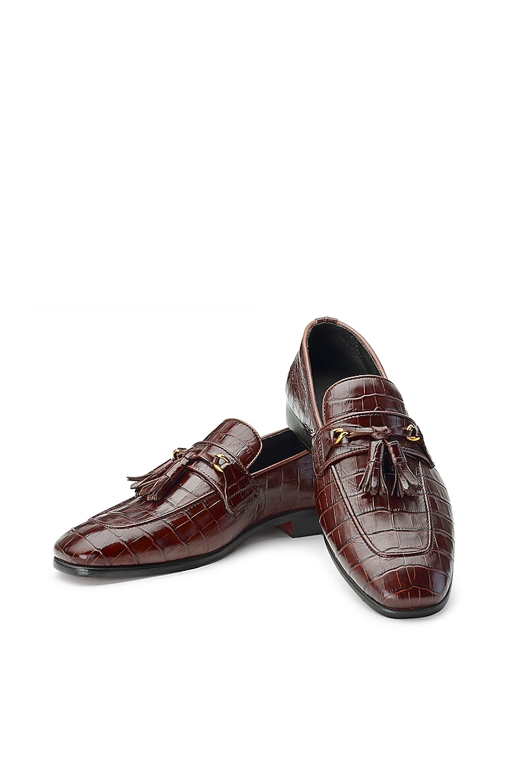 Burgundy Croco Leather Slip-On Shoes by SHUTIQ at Pernia's Pop Up Shop