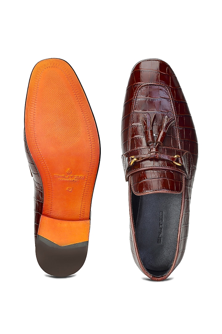 Burgundy Croco Leather Slip-On Shoes by SHUTIQ at Pernia's Pop Up Shop